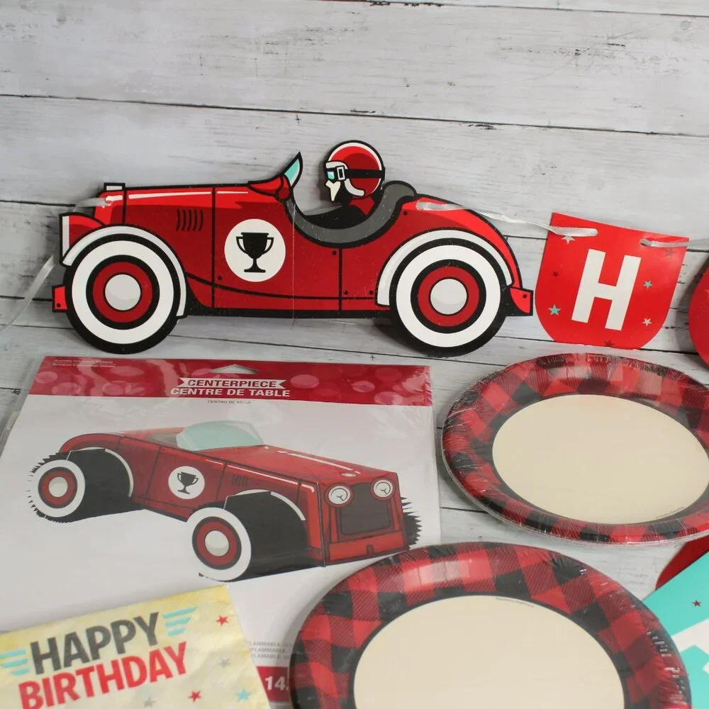 Vintage Derby Race Cars Happy Birthday Banner Paper Plates Party Decor